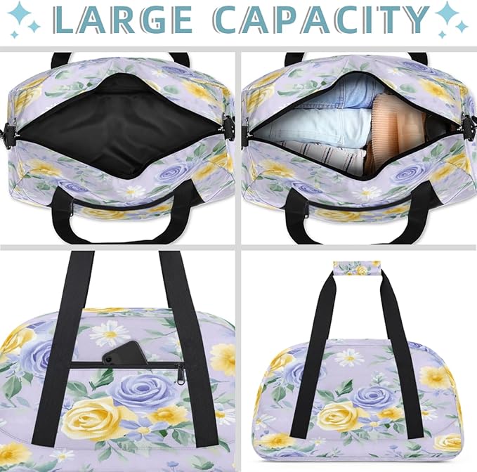 Kids Duffle Bag Girls Boys Spring Summer Rose Flowers On Purple Weekender Overnight Bag,Lightweight Duffel Bags for Traveling Gym Sport Dance