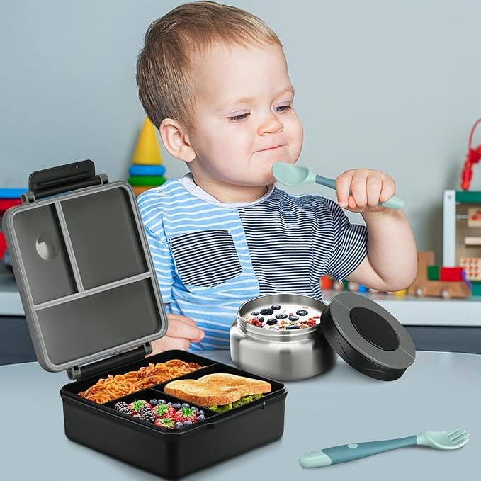 Itslife Bento Lunch Box for Kids with 8oz Soup Thermo&Lunch Bag, Leak-Proof Lunch Food Containers with 4 Compartment, Hot Food Insulated Food Jar for Kids School (Black&Grey)