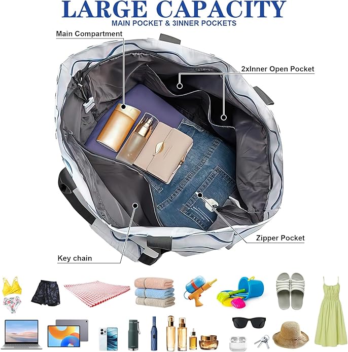 Beach Bag Packable Travel Beach Bag Tote for Pool Lake Cruise Essentials for Women, Foldable Travel Bag for Women