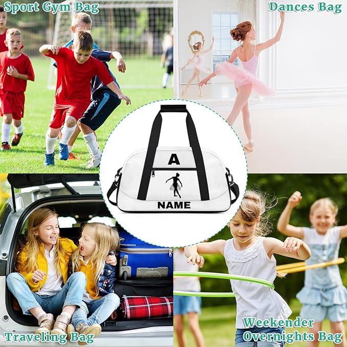 Personalize-Kids-Sports-Duffel-Bags With Custom Name Text Carry-On Overnight Travel Gym Lightweight Dance Pattern Sports Bags For Girls Boys Kids,White