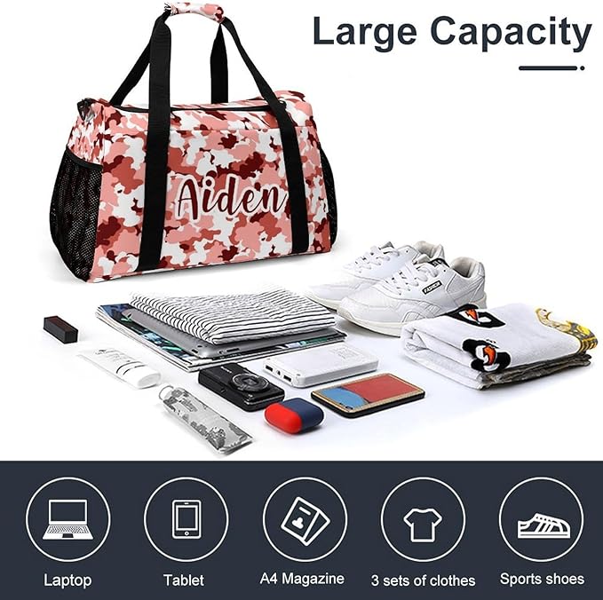Personalized Sports Duffle Bags for Training, Red Camouflage Maroon Camo White Travel Bags with Adjustable Shoulder Strap, Custom Name Birthday Holiday Gift