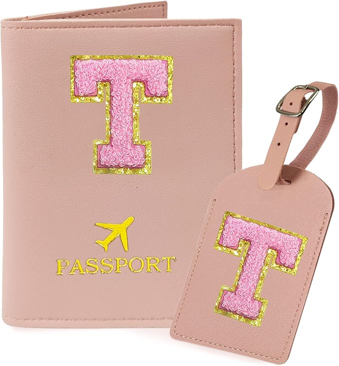 COSHAYSOO Initial Passport Cover Luggage Tag Set Letter Passport Holder Airplane Cruise Travel Essentials Vacation Traveling Accessories Personalized Gifts for Women Teen College Girls Pink T