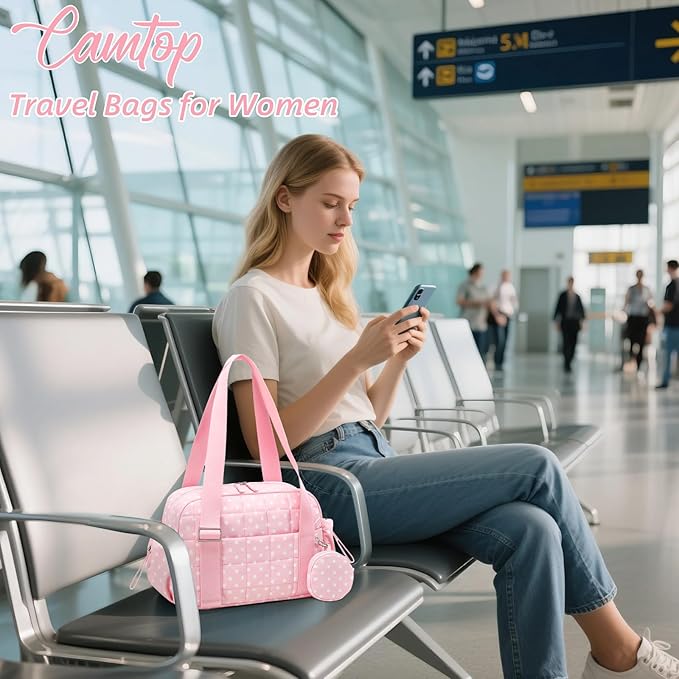 CAMTOP Mini Gym Bag for Women, Small Gym Tote Bag Puffy Quilted Sports Duffel Bag with Wet Compartment and Coin Purse Duffel Bags Dance Yoga Workout Bag for Gifts (Polka Dot Pink, Mini-12.6")
