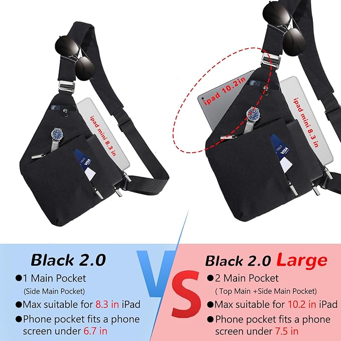 VADOO Anti-theft Sling Bag, RFID Blocking Crossbody Bag for Women and Men Lightweight Shoulder Chest for Travel Sport, Black 2.0, Large
