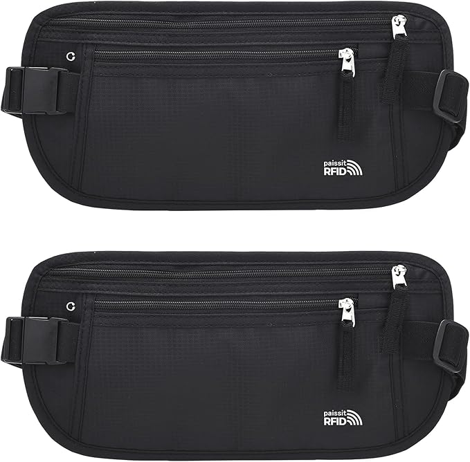 Unisex Money Belt For Men and Women, Slim Passport Holder RFID Blocking Travel Essentials Pouch with Adjustable Strap Small Waist Pouch for Workout Running Travelling Hiking (Black 2 Packs)