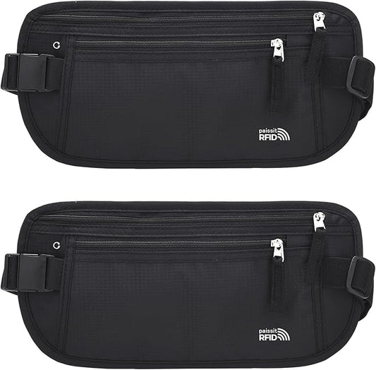 Unisex Money Belt For Men and Women, Slim Passport Holder RFID Blocking Travel Essentials Pouch with Adjustable Strap Small Waist Pouch for Workout Running Travelling Hiking (Black 2 Packs)