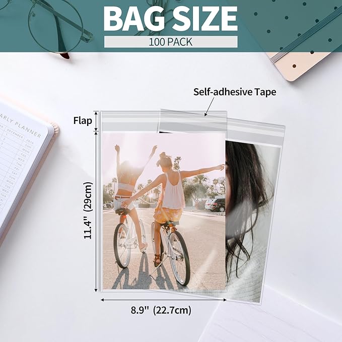ZBEIVAN 100 Pack 8 15/16" x 11 3/8" Acid-Free Crystal Clear Sleeves Storage Bags for 8.5x11 Art Prints, Photo Framing Mats, and Craft Wrapping