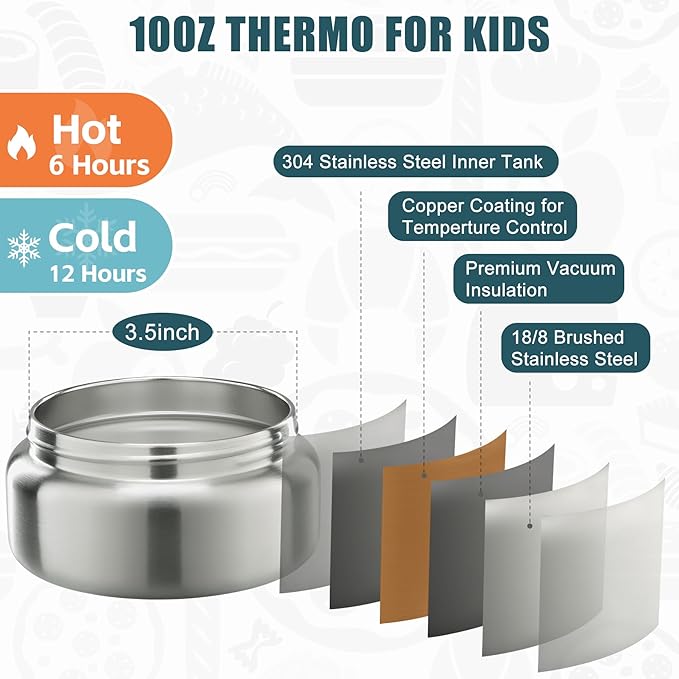 Itslife Bento Lunch Box for Kids with 8oz Soup Thermo&Lunch Bag, Leak-Proof Lunch Food Containers with 4 Compartment, Hot Food Insulated Food Jar for Kids School (Black&Grey)