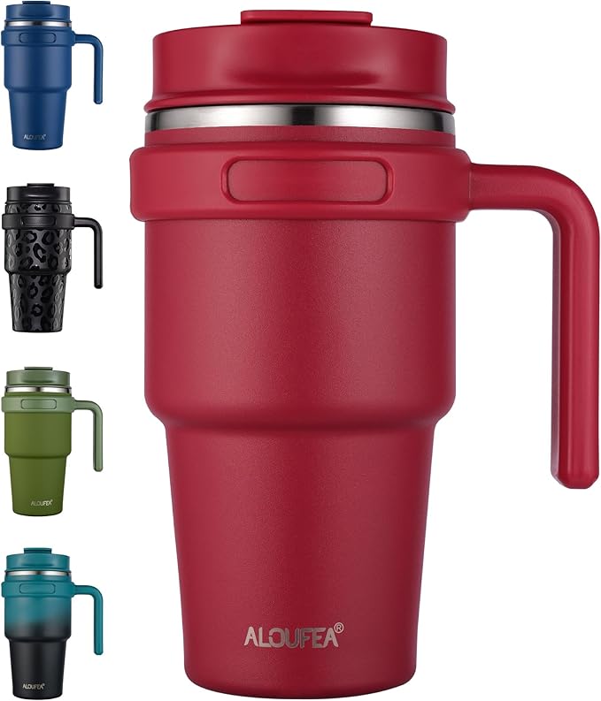 ALOUFEA 20 oz Insulated Coffee Mug Tumbler with Handle, Stainless Steel Travel Mug Tumbler with Lid and Straw,Double Wall Vacuum Leak Proof Ice Coffee Thermal Cup, Red