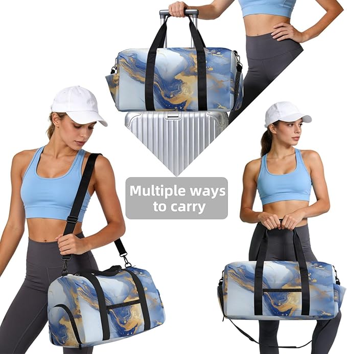 Sports Gym Bag Blue Golden Marble Pattern Travel Duffel Bag With Shoe Compartment Shoulder Strap, Lightweight Water-Resistant Weekend Overnight Totes For Women Men