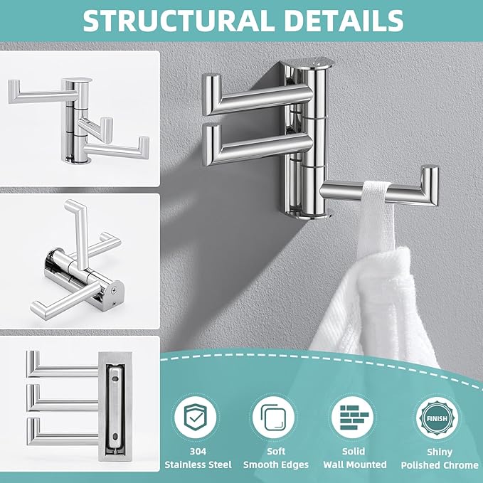 APLusee Polished Chrome Swivel Towel Hook for Bathroom, Heavy Duty 304 Stainless Steel Bathroom Wall Hook with Multi 3 Arms, Wall Mounted Towel Hanger for Kitchen Garage
