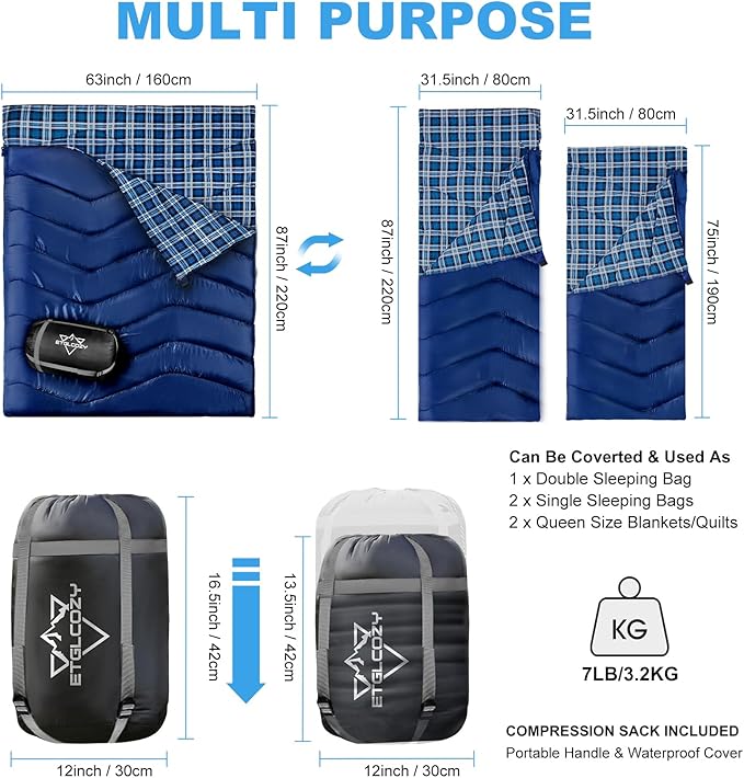 XL Queen Size 2 Person Double Sleeping Bag for Adults, Lightweight Compact with Flannel Liner & Thermolock Draft Tube, Machine Washable All Season Camping Travel