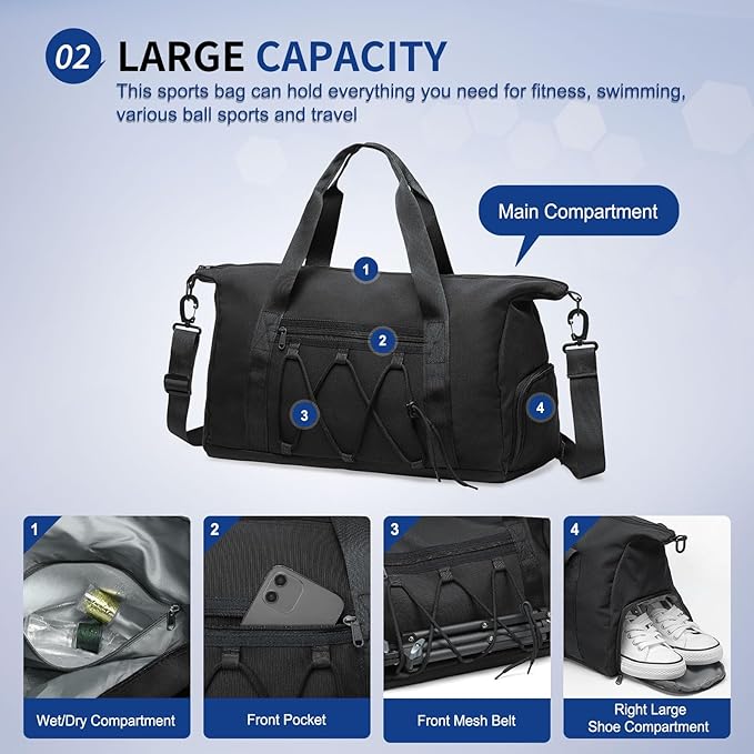 Lightweight Gym Bag for Men & Women, Water Resistant Sports Duffel Bag with Shoe Compartment & Wet Pocket for Travel Weekender & Fitness, Black