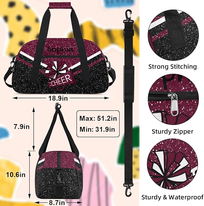 Personalized Maroon Glitter Cheer Bag for Cheerleaders, Custom Sport Gym Bag Dance Bag Travel Duffle Bag Cheerleading Gifts for Women