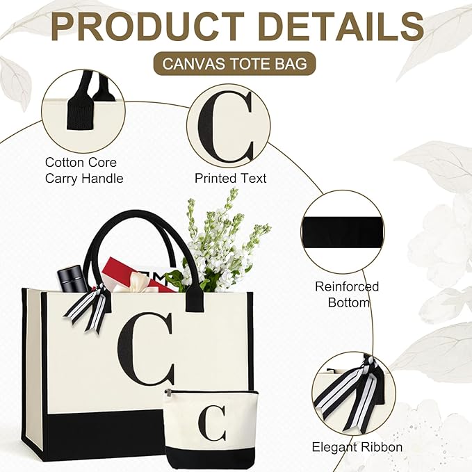 Personalized Canvas Tote Bag for Women Makeup Pouch Initial Beach Bag Removable Bottom Board for Travel Birthday