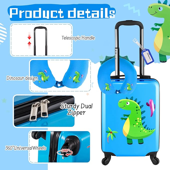 Sanwuta 4 Pcs Kids Luggage Set Rolling Suitcase Backpack U-shaped Pillow Kids Carry On Gift for Summer Travel Family Trip(17 Inch,Dinosaur Style,Blue)