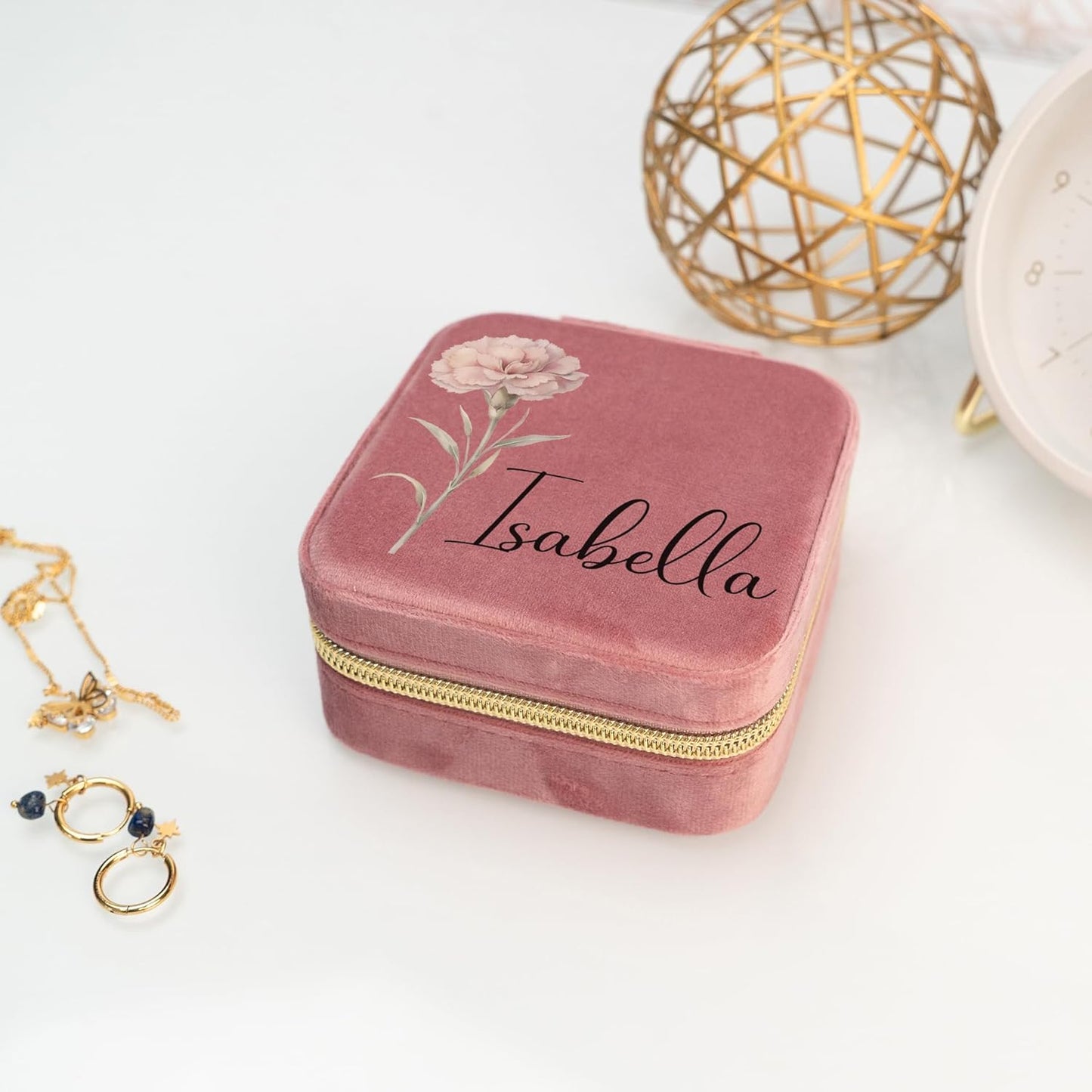 Custom Birth Month Flower Jewelry Box with Name, Plush Velvet Travel Jewelry Case Organizer, Personalized Birth Month Flower, Women's Favorite Things, Gifts For Daughter, Girlfriend, Mom and For Her