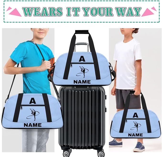 Personalize-Kids-Sports-Duffel-Bags With Custom Name Text Carry-On Overnight Travel Gym Lightweight Dance Pattern Sports Bags For Girls Boys Kids,Sky Blue