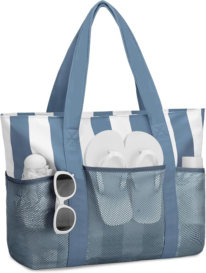 VASCHY Beach Bag for Women, Foldable Waterproof Sandproof Beach Tote with Zipper/Mesh Pockets for Vocation/Cruise/Gym/Travel