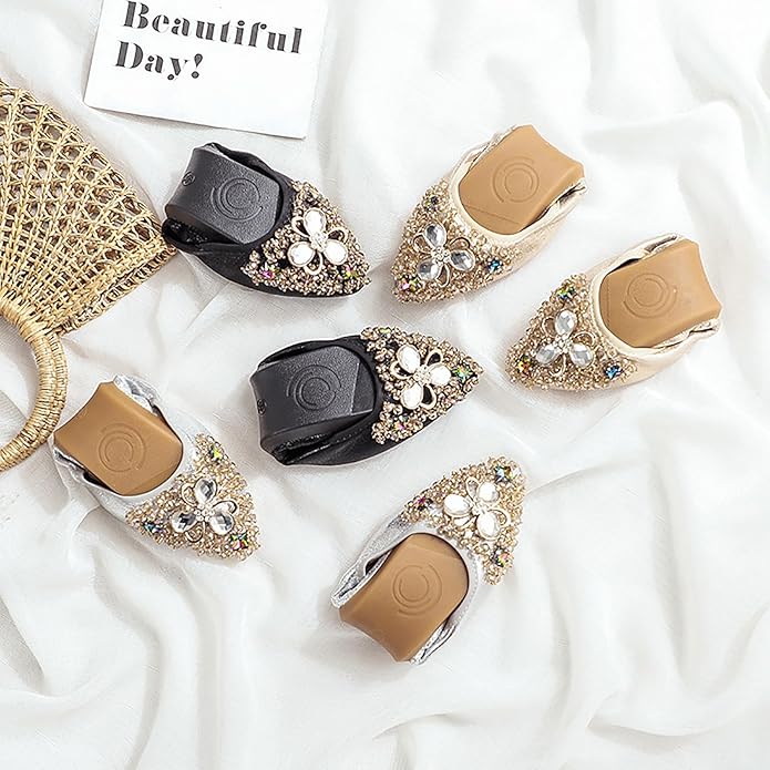 Women Ballet Flats Sparkly Rhinestone Wedding Ballerina Shoes Pointed Toe Foldable Comfort Slip on Flat Dress Shoes