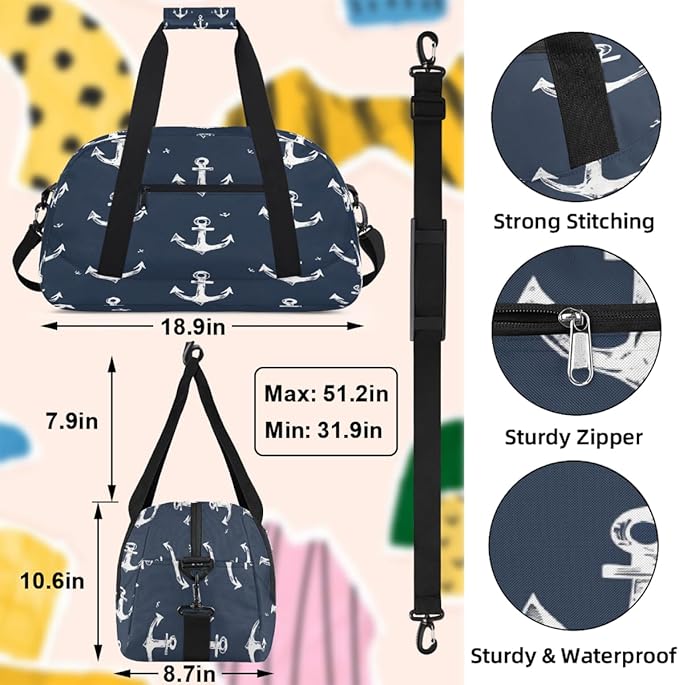 Gym Bag for Women Men, Hand Drawn Nautical Anchor Travel Duffle Bags for Dance Ballet Overnight, Carry-On Weekender Bag with Detachable Shoulder Strap