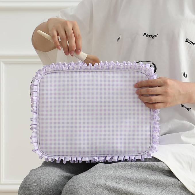 Gingham Ruffle Makeup Bag,Large Travel Cute Cosmetic Bag for Women Girls,Toiletry Bag Make up Organizer 10.8 x 4.5 x 8 inch (Purple Gingham)