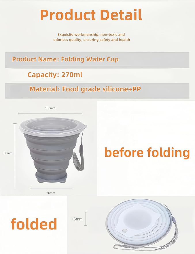 2 Pack Silicone Collapsible Cups, Small Reusable Drinking Cup Portable Cup with Lids for Camping/Travel/Outdoor Hiking