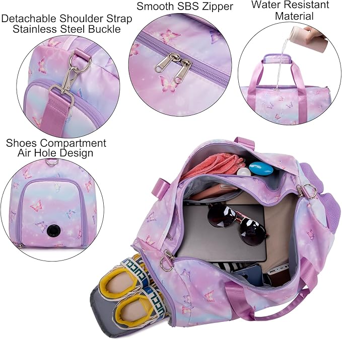 Butterfly Dance Bag for Girls,Gym Travel Duffle Bag Gymnastics Sports Dance Bag with Shoe Compartment