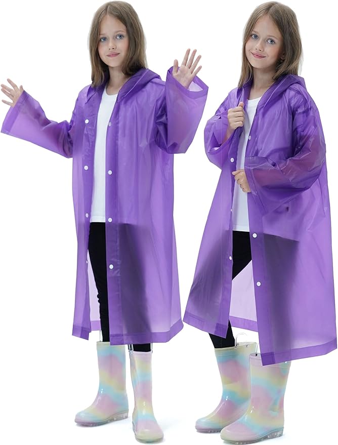 2 Pack Raincoats for Kids, Reusable Rain Ponchos with Hood and Sleeves Rain Coats for Boys and Girls