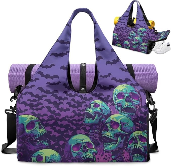 Halloween Skull Bats Lightweight Gym Bag with Shoe Compartment for Women Sports Gym Tote Bag Beach Swim Weekender Travel Duffel Bags Spooky Halloween Costumes