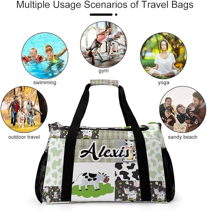 Green Lattice Patchwork Cow Print Waterproof Duffel Bag Adjustable Shoulder Strap Perform Training Travel Bag for Teens Adults Women Men Tote Bag