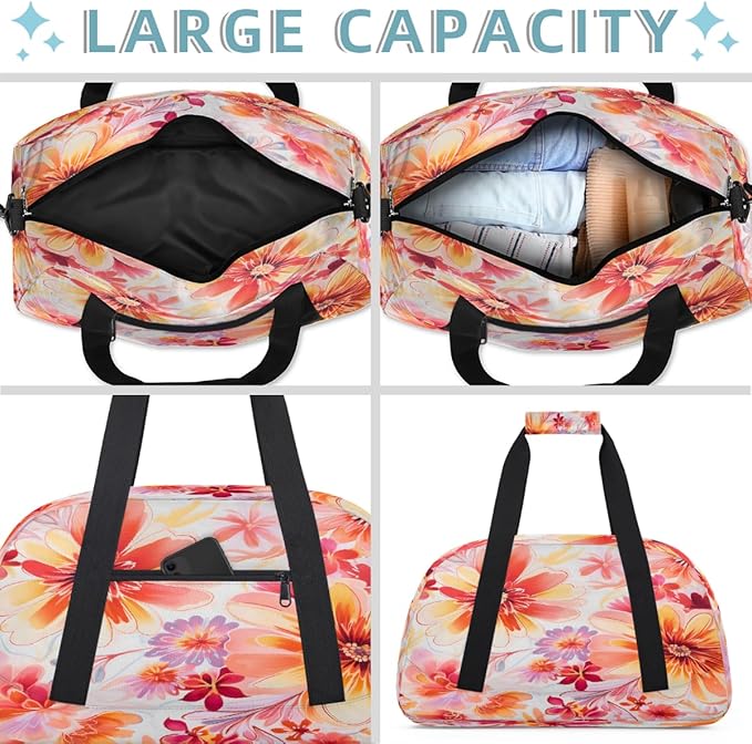 Travel Duffle Bag, Orange Pink Watercolor Blooms Waterproof Weekender Overnight Bags for Women Men Lightweight Carry on Duffle Gym Bag for Travel, Sports, Fitness, Workout