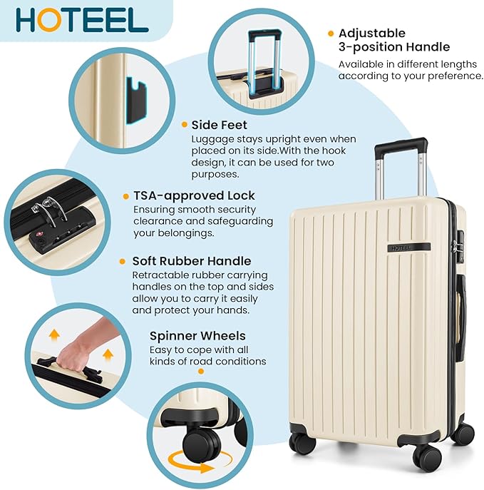 Hoteel Luggage Sets 3 Piece Carry on Luggage with Spinner TSA Lock for Unisex (4-YEAR WARRANTY), ABS+PC Hard Shell Rolling Carry-on Suit Case for Plane, Travel, Business, Off-White (20in/DB/TB)