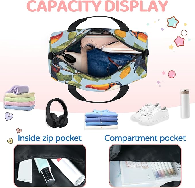 Cute Toucan Travel Duffle Bag for Women Men, Overnight Weekender Bag, Carry on Tote for Sport Gym