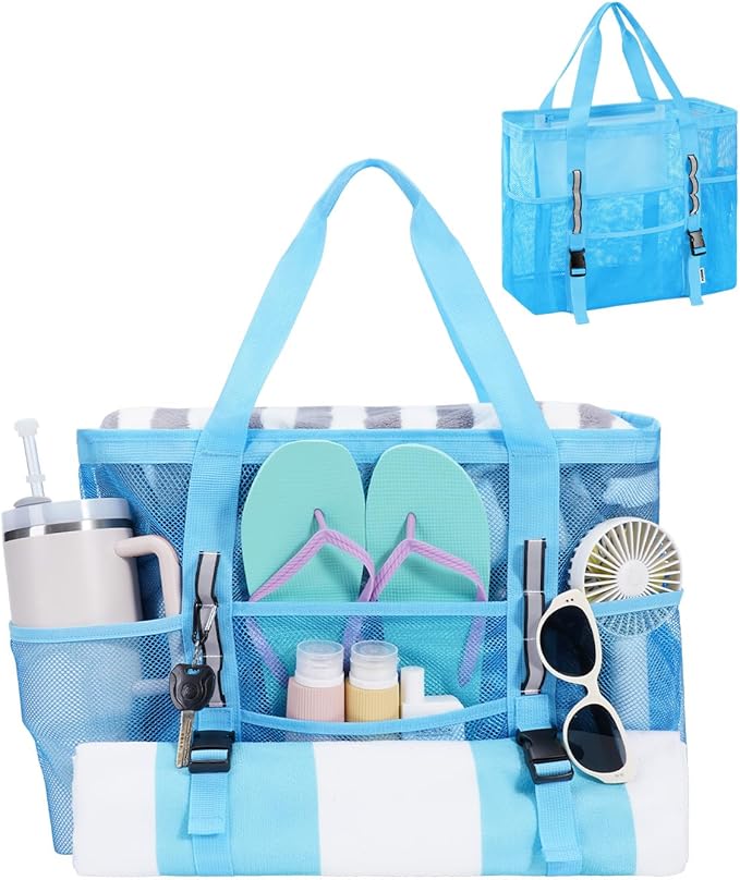 WANDF Mesh Beach Bag for Women, Large Beach Tote Bags with 40oz Tumbler Side Pockets, Family Pool Bag for Swim Toys Towels Cruise Vacation Essentials (Blue) | Breathable