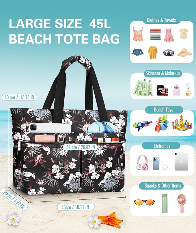 HUANLANG Large Beach Bags for Women Pool Bag with Zipper, Waterproof Sandproof Beach Tote Travel Bag with Wet Pocket | Waterproof, Large capacity, Dry/wet separation, Durable fabric, Cooling function, sandproof