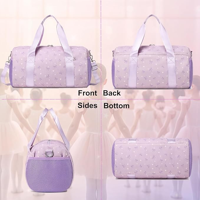Dance Bag for Girls Corduroy Purple Ballet Dance Bags for Girls 4-6 Toddler Small Duffle Ballerina Bags with Waterproof Dry Wet Separated Compartment
