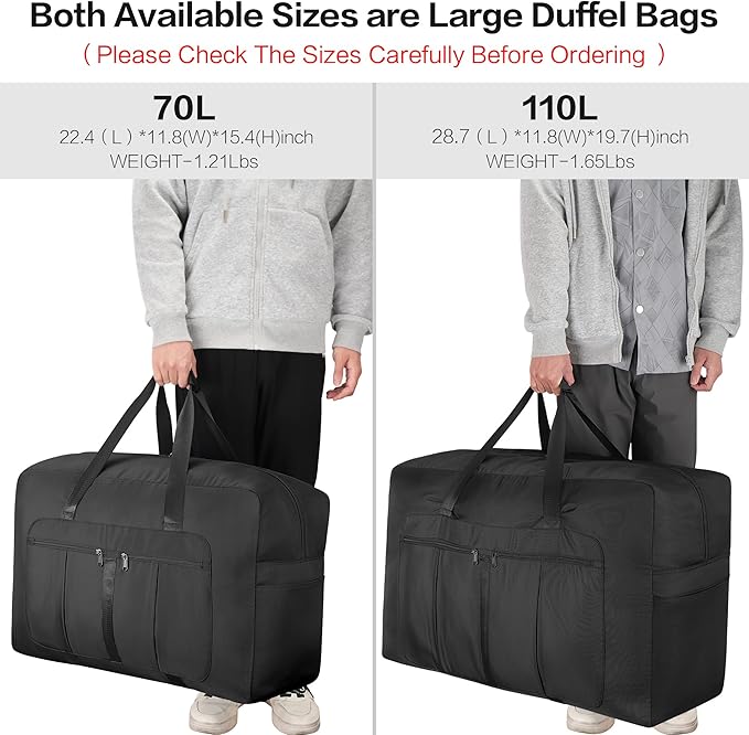 Large Duffel Bag for Travel, Foldable Storage Bag for Traveling, Collapsible Duffle Bag (Black, 110L)