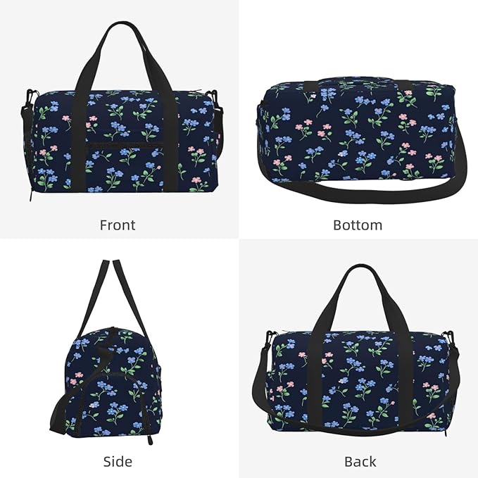 Sports Gym Bag Blue Pink Wild Flowers Travel Duffel Bag With Shoe Compartment Shoulder Strap, Lightweight Water-Resistant Weekend Overnight Totes For Women Men