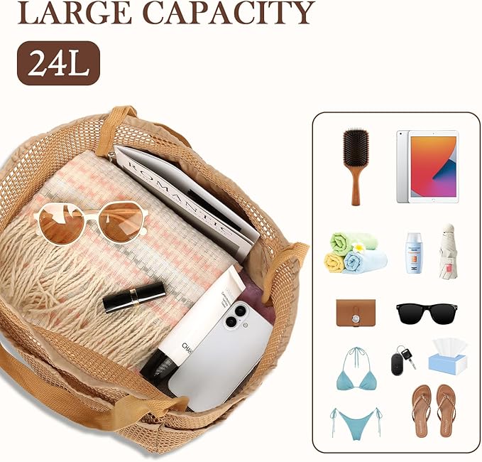 Fammart Mesh Beach Bag for Women, Summer Straw Tote Hobo Pool Bags with Zipper Pocket, Travel Vacation Cruise Essentials 2026