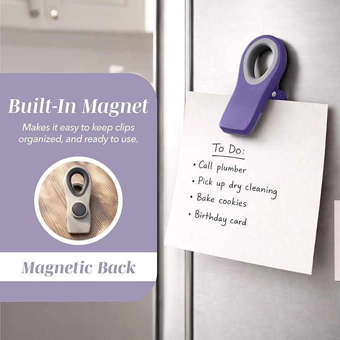 COOK WITH COLOR Bag Clips with Magnet- Food, Chip, Bag Clips for Food Storage with Airtight Seal Grip for Bread, Snack and Food Bags (Lavender, Pack of 20)
