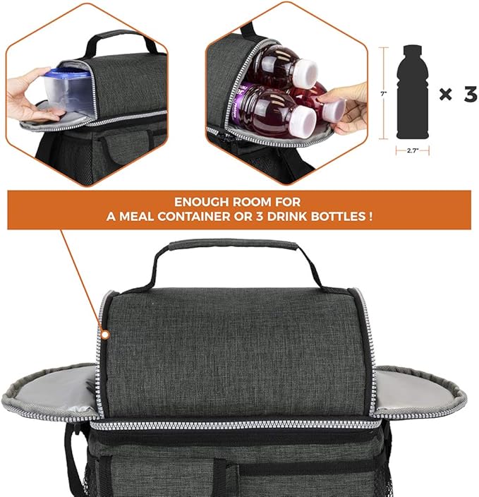 OPUX Lunch Box for Men, Adult Lunch Box Cooler, Insulated Lunch Bag Women, Dual Compartment Lunchbox for Work, Leakproof Double Decker Lunch Bag, Soft Lunch Pail Tote Boys Girls Kids School, Dark Gray