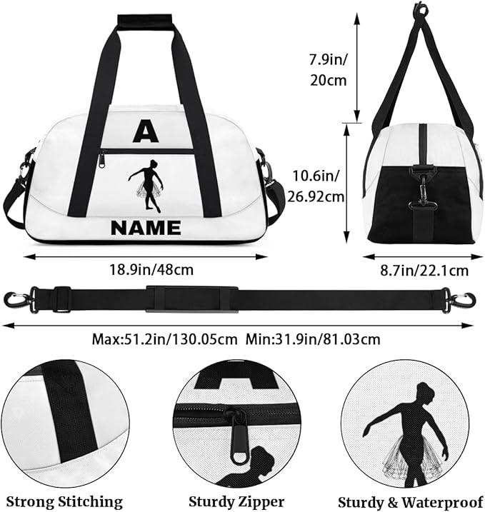 Personalize-Kids-Sports-Duffel-Bags With Custom Name Text Carry-On Overnight Travel Gym Lightweight Dance Pattern Sports Bags For Girls Boys Kids,White