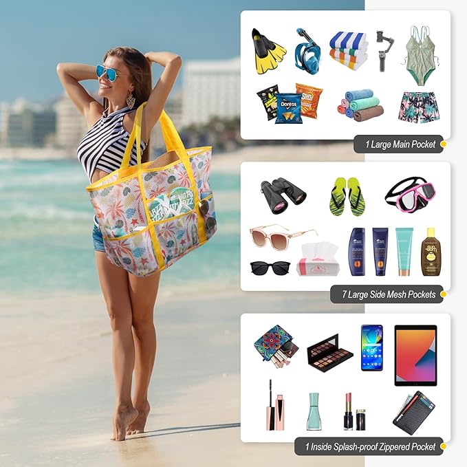 F-color Mesh Beach Bag Family - Large Tote Bag for Cruise Pool Toys Beach Vacation Essentials