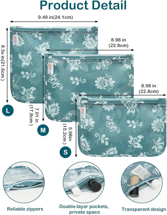 ALVA Diaper Bag Pouches | 3pcs Mess-Proof Travel Toiletry | TSA Approved Toiletry Bag | Cosmetic Makeup Bag Diaper Organizer for Baby and Mom Essentials