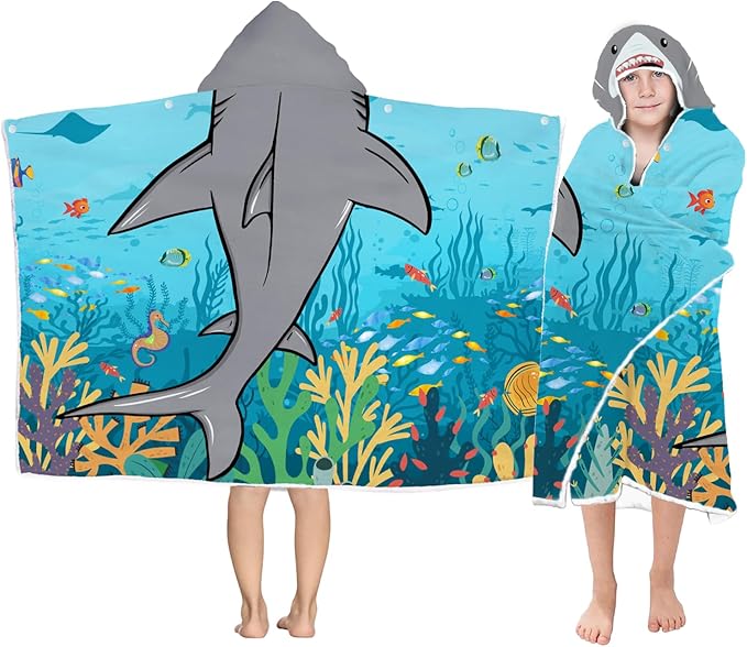Shark Hooded Beach Towel for Boys, Soft & Absorbent Shark Poncho Towel for Kids, Cool Ocean Animal Design, 30”x50” Blue Shark Hooded Bathrobe for Pool, Swim, and Bath Time