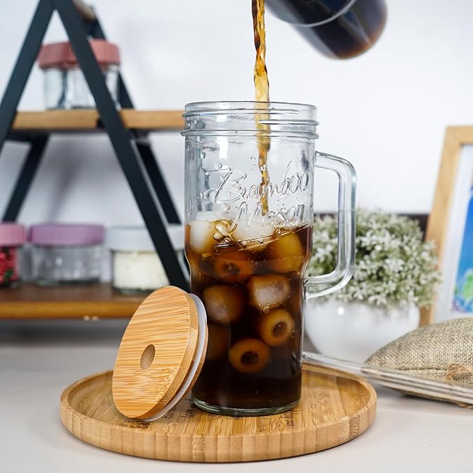 ANOTION Glass Cups with Lids and Straws - 24 oz Tumbler with Handle Christmas Coffee Cups Glass Straws Mason Jar Cups Drinking Set Kitchen Essentials Coffee Bar House Warming Gifts New Home
