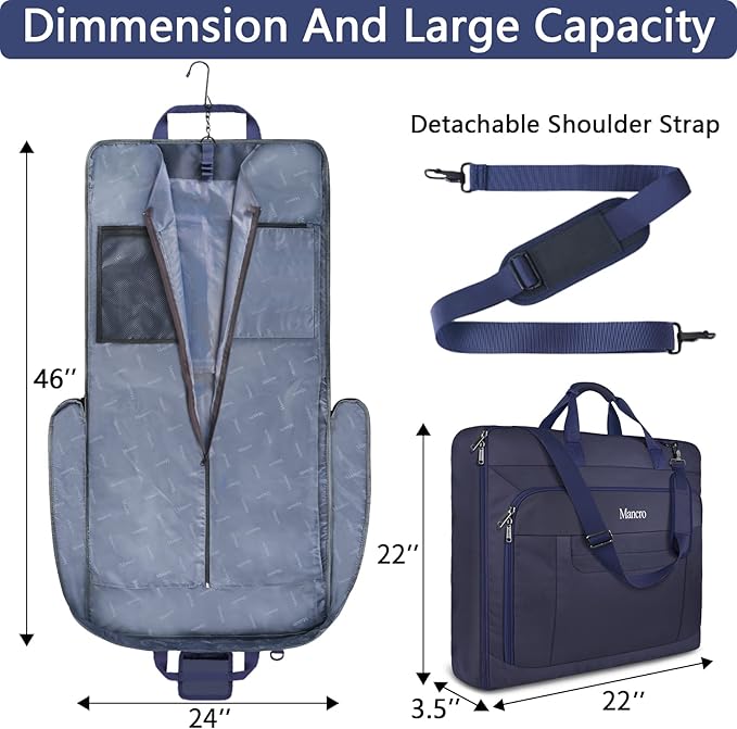 Mancro Carry On Suit Garment Bags for Travel, Suit Bag with Adjustable Shoulder Strap, Waterproof Foldable Luggage Bag for Men Women, Large Travel Garment Bags for Hanging Clothes, Blue