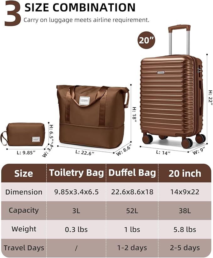 LARVENDER Carry on Luggage 22x14x9 Airline Approved, 20 Inch Hardside Suitcase with Wheels TSA Lock, PC+ABS Lightweight Carry on Suitcases for Women and Men, Maple (20/DB/TB)