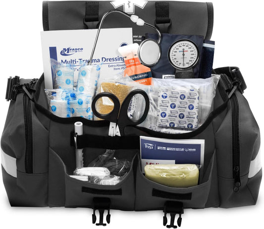 MFASCO First Aid Kit - Fully Stocked Portable Reflective Bag -First Responder Emergency Response Kit-for Natural Disaster Preparedness-Customizable Storage-Includes 415 Pcs First Aid Supplies-Black